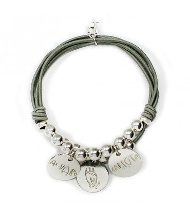 pulsera personalizada de plata con medallas grabadas y elástico